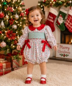 Smocked Christmas geometric bow girl bubble/dress