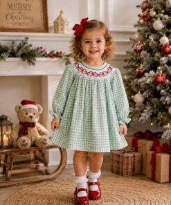 Bow Christmas Smocked Girl Bubble & Dress