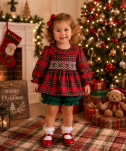 Christmas Holly Berry Smocked Girl Bubble & Dress